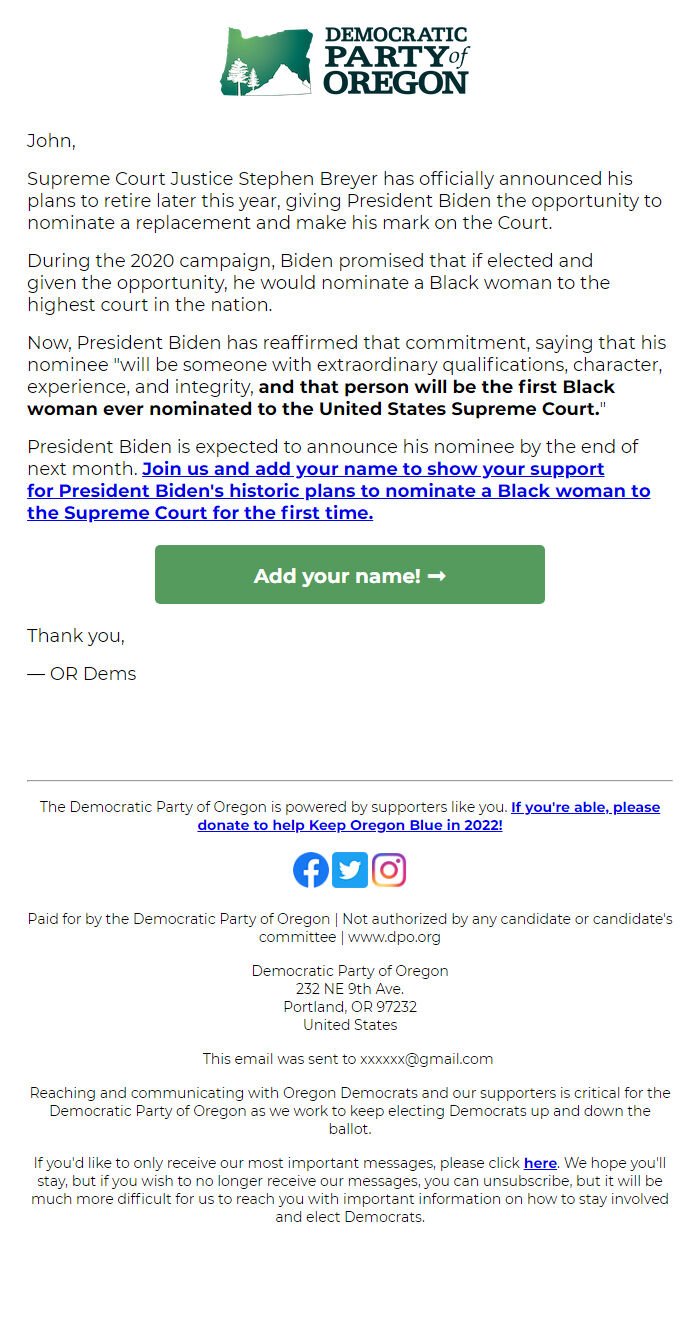 Screenshot of the email generated on import