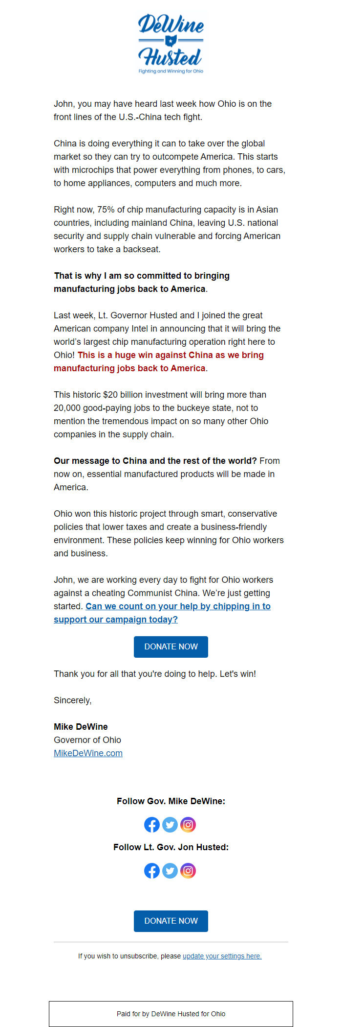 Screenshot of the email generated on import