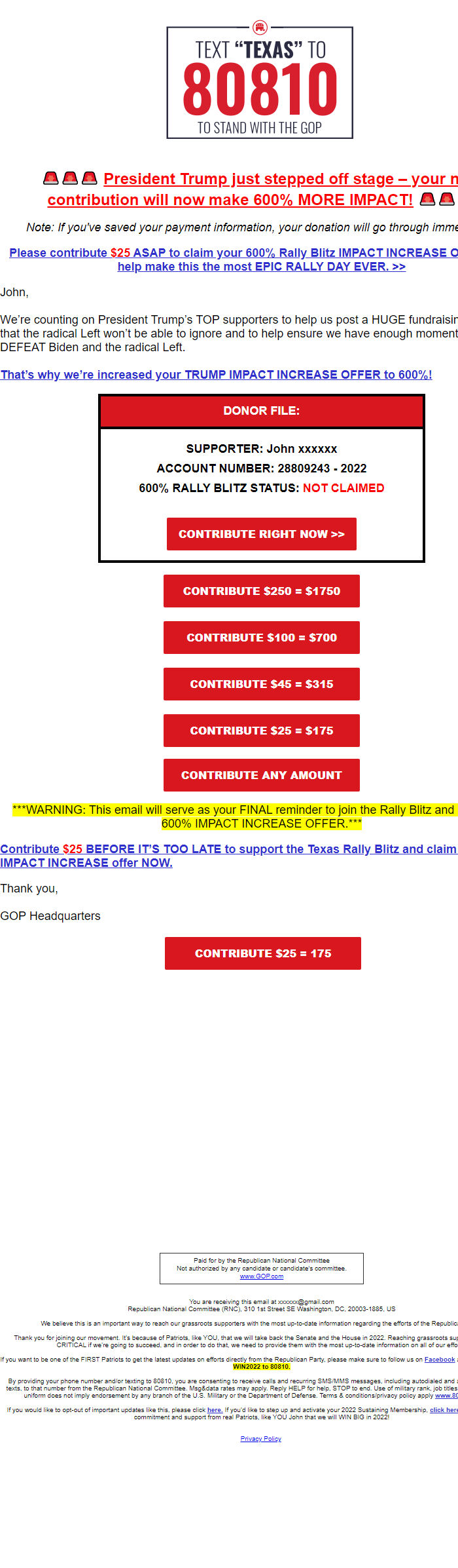 Screenshot of the email generated on import