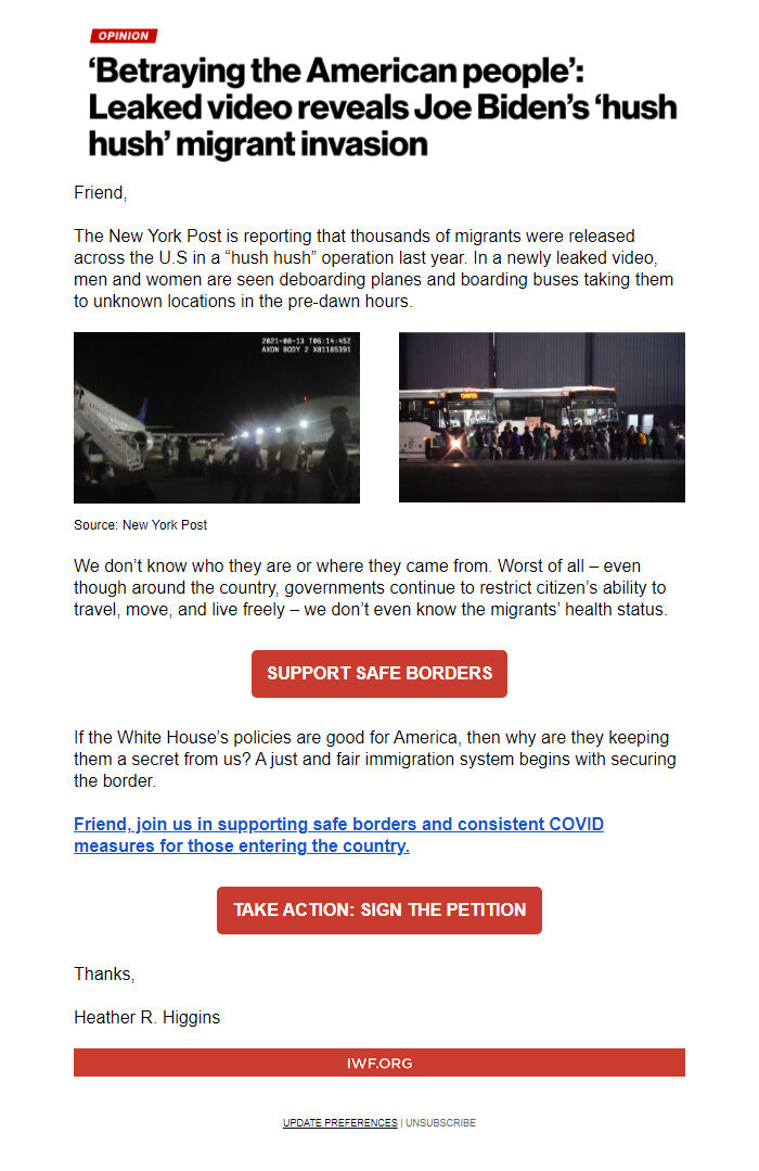 Screenshot of the email generated on import