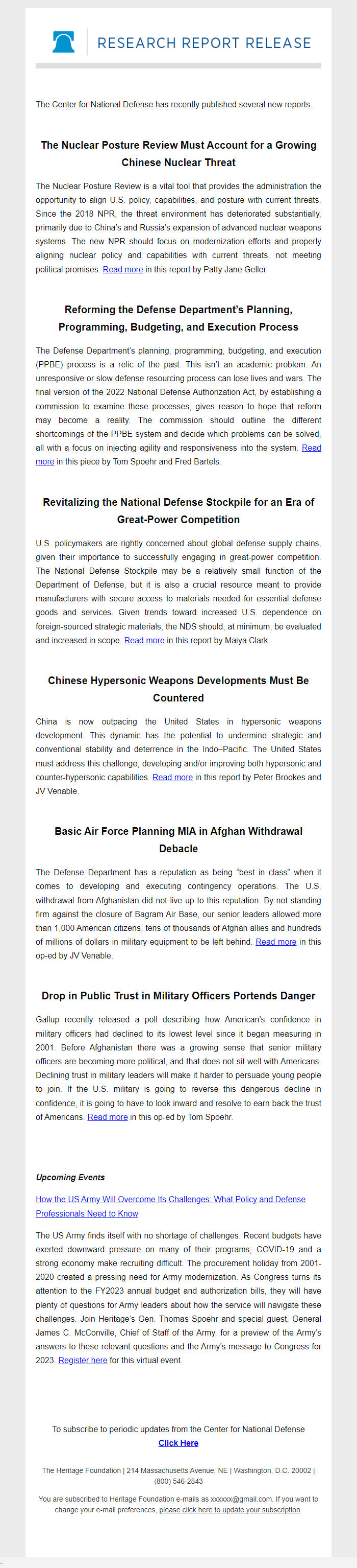 Screenshot of the email generated on import