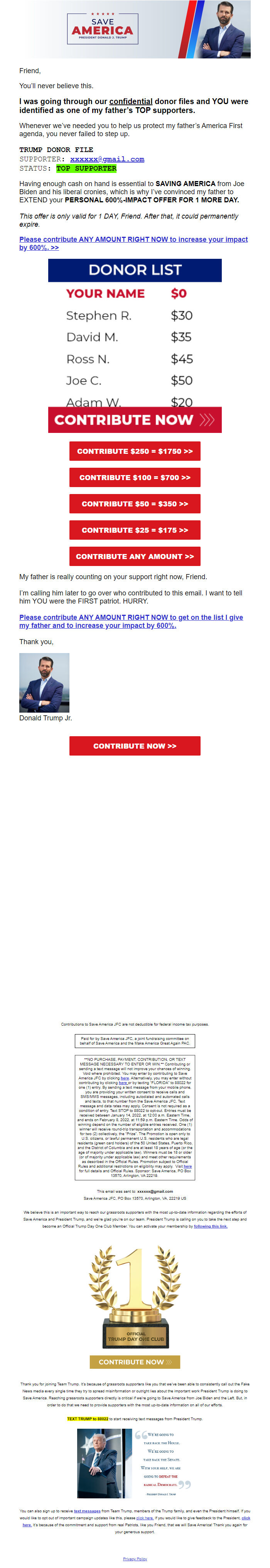 Screenshot of the email generated on import