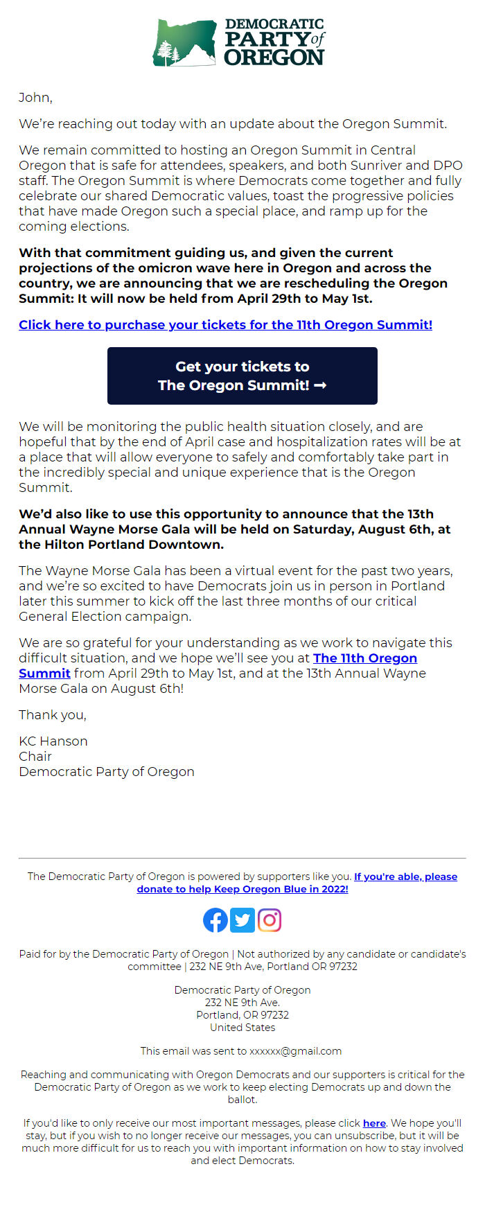 Screenshot of the email generated on import