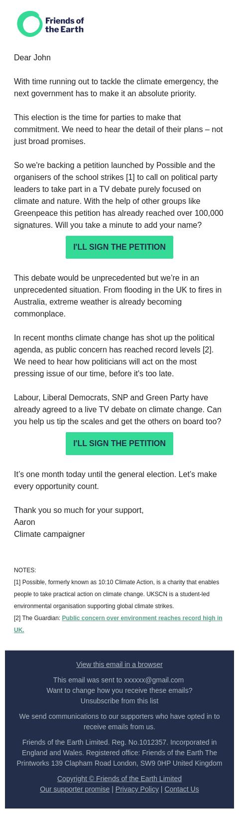 Screenshot of the email generated on import