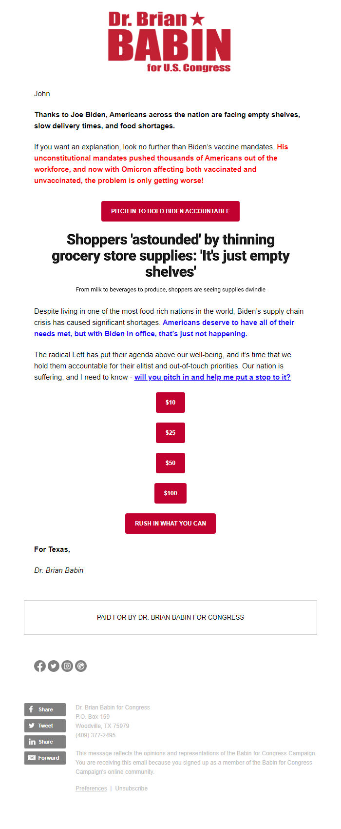 Screenshot of the email generated on import