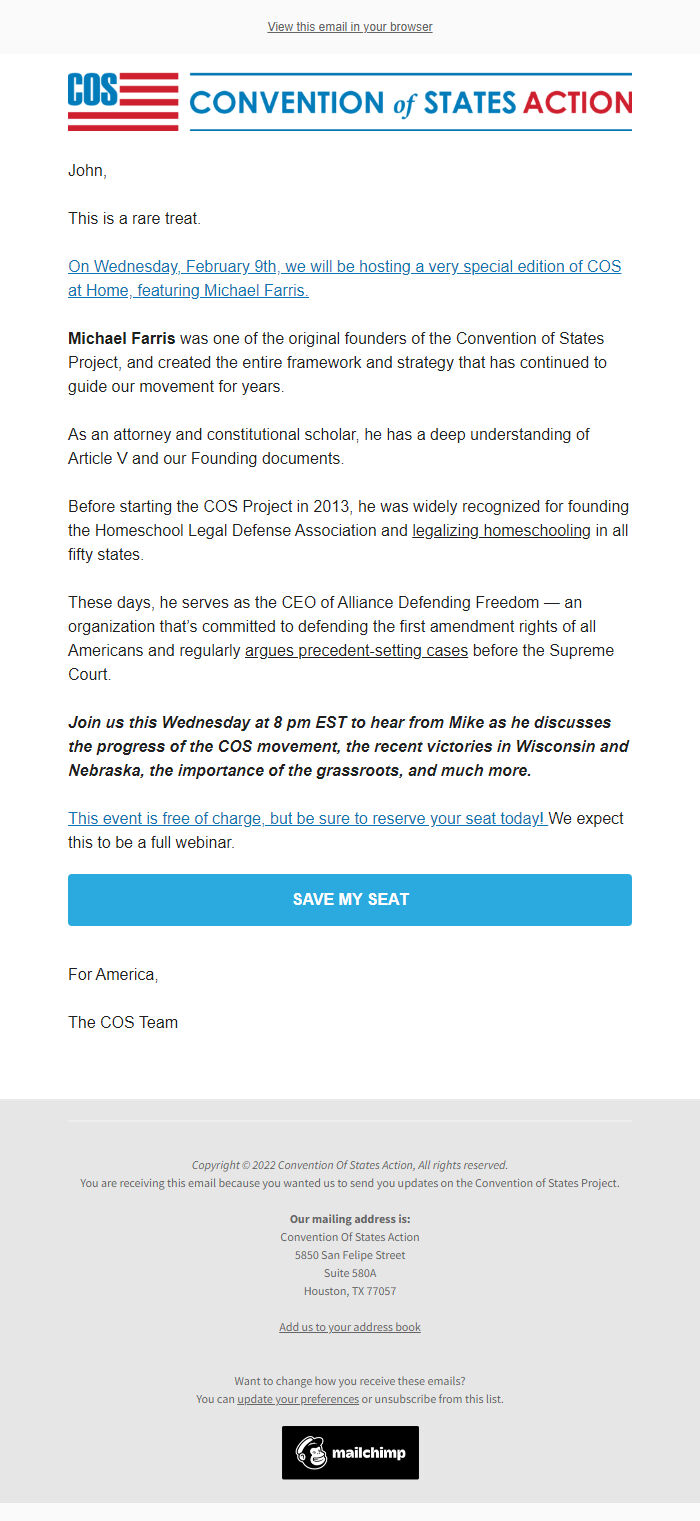 Screenshot of the email generated on import