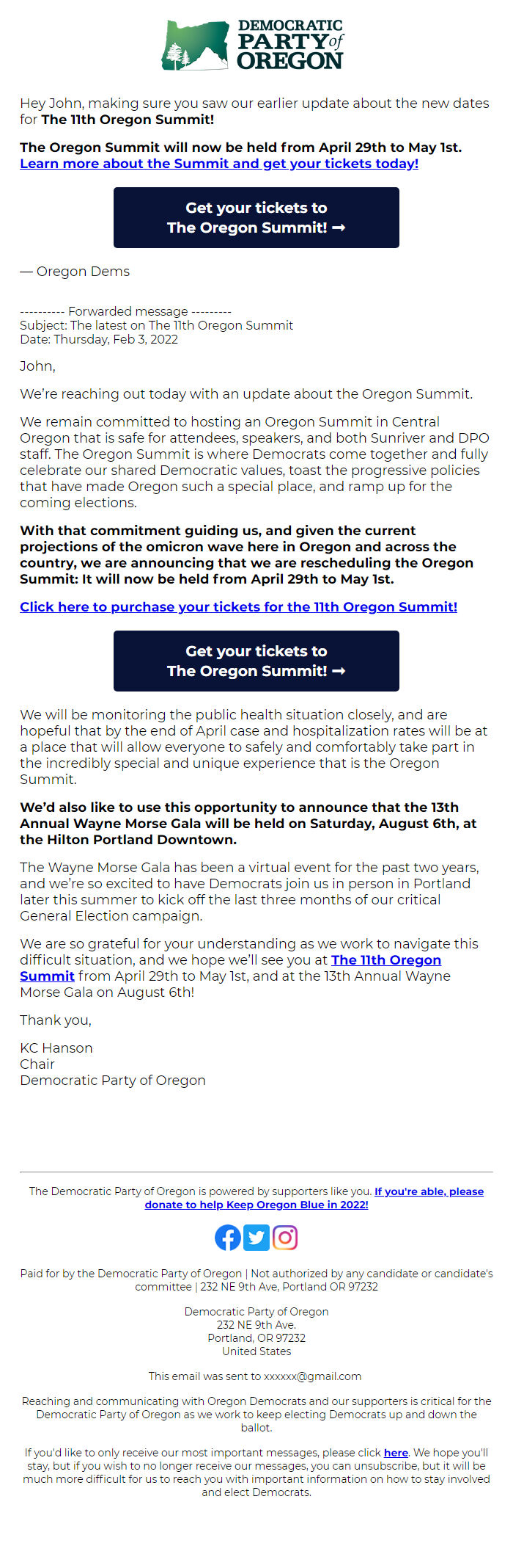Screenshot of the email generated on import