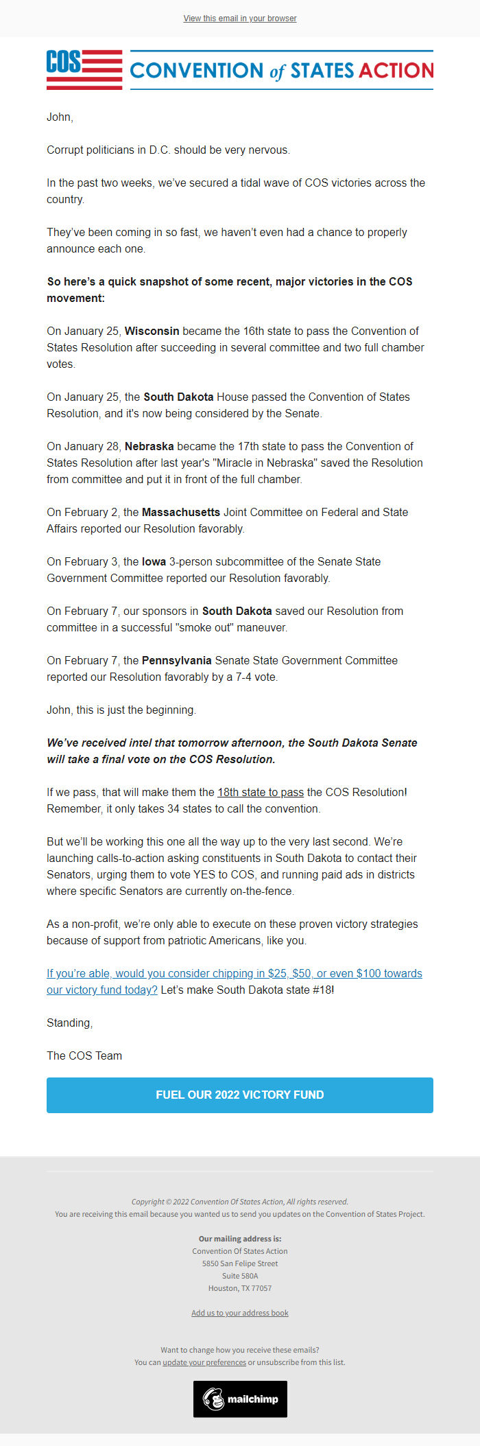 Screenshot of the email generated on import