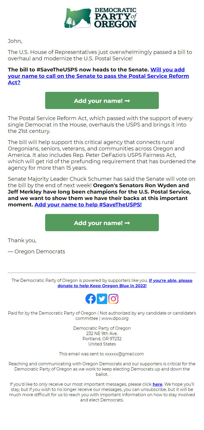 Screenshot of the email generated on import