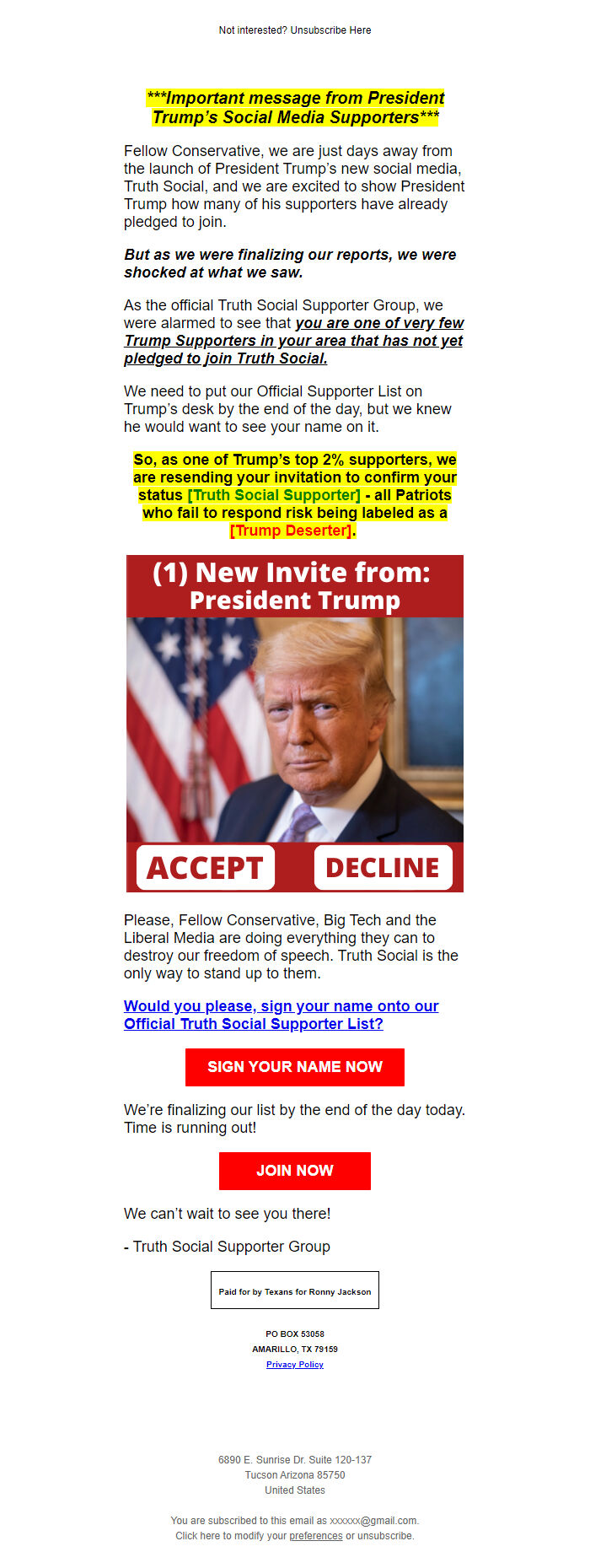 Screenshot of the email generated on import