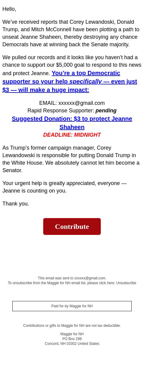 Screenshot of the email generated on import