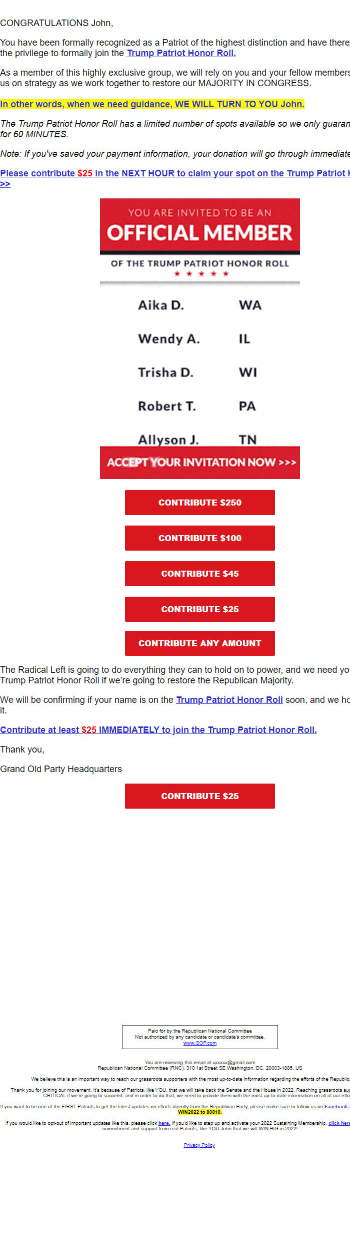 Screenshot of the email generated on import