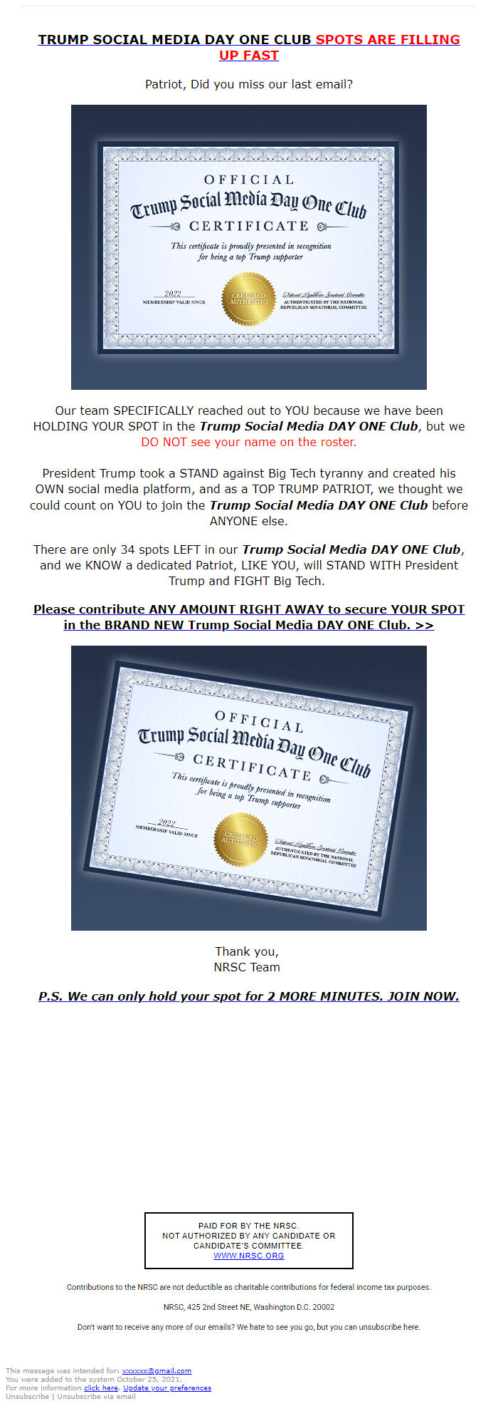 Screenshot of the email generated on import