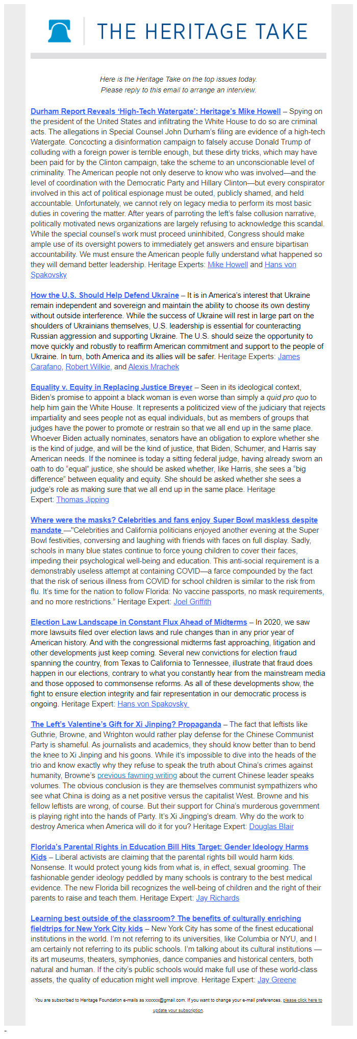 Screenshot of the email generated on import
