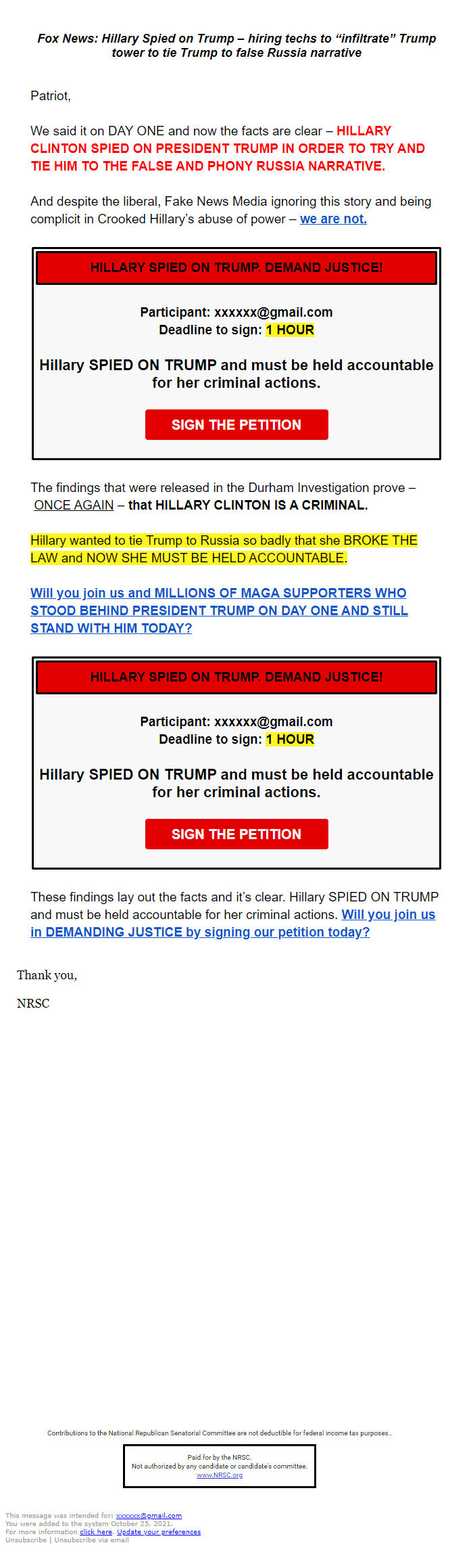 Screenshot of the email generated on import