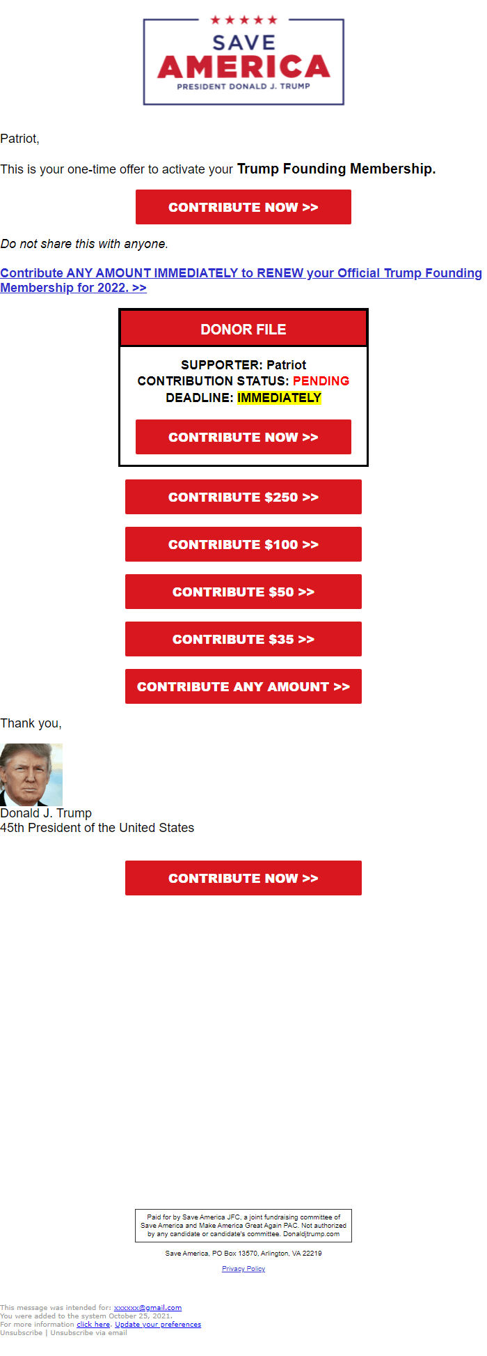 Screenshot of the email generated on import