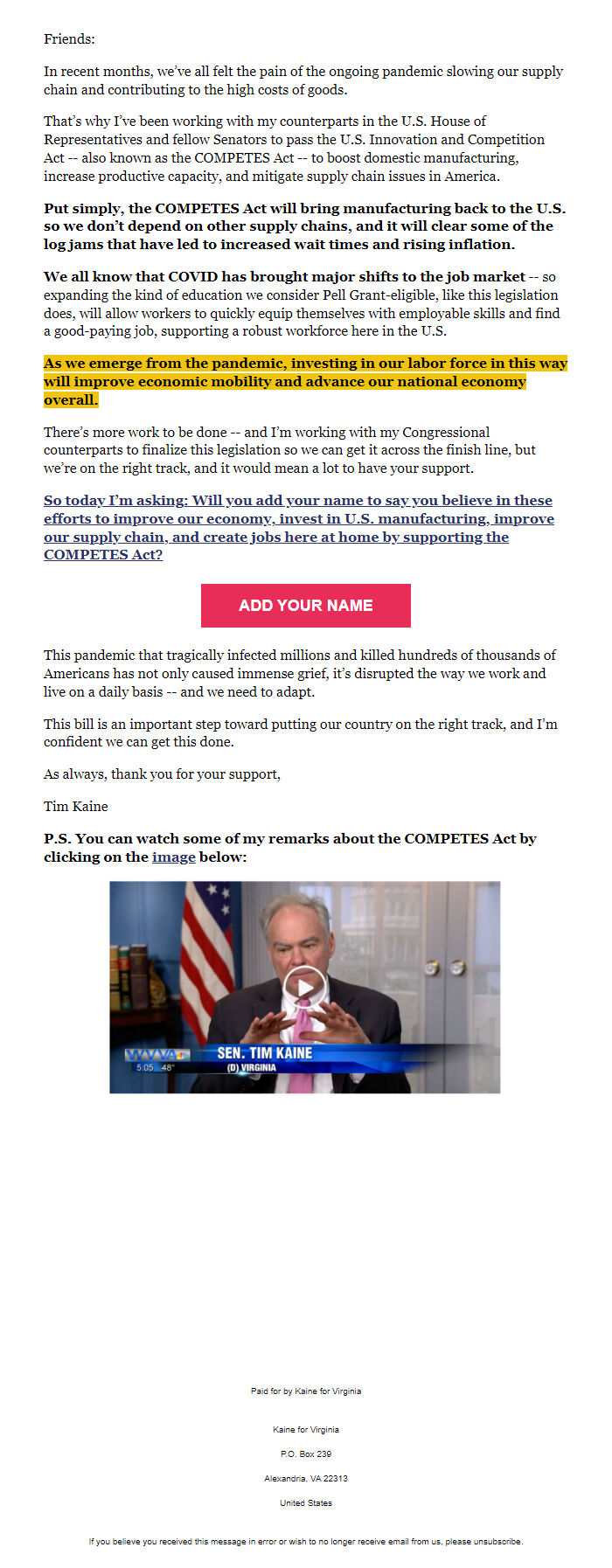 Screenshot of the email generated on import