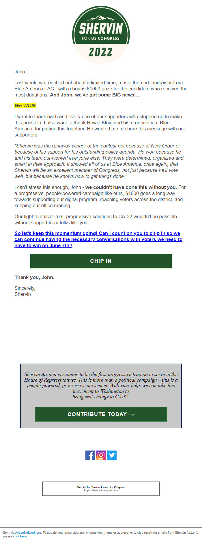 Screenshot of the email generated on import