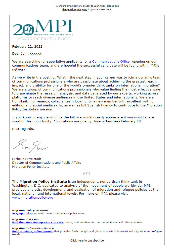 Screenshot of the email generated on import