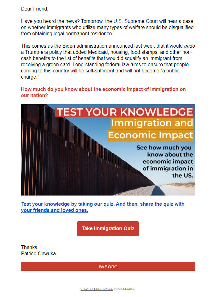 Screenshot of the email generated on import