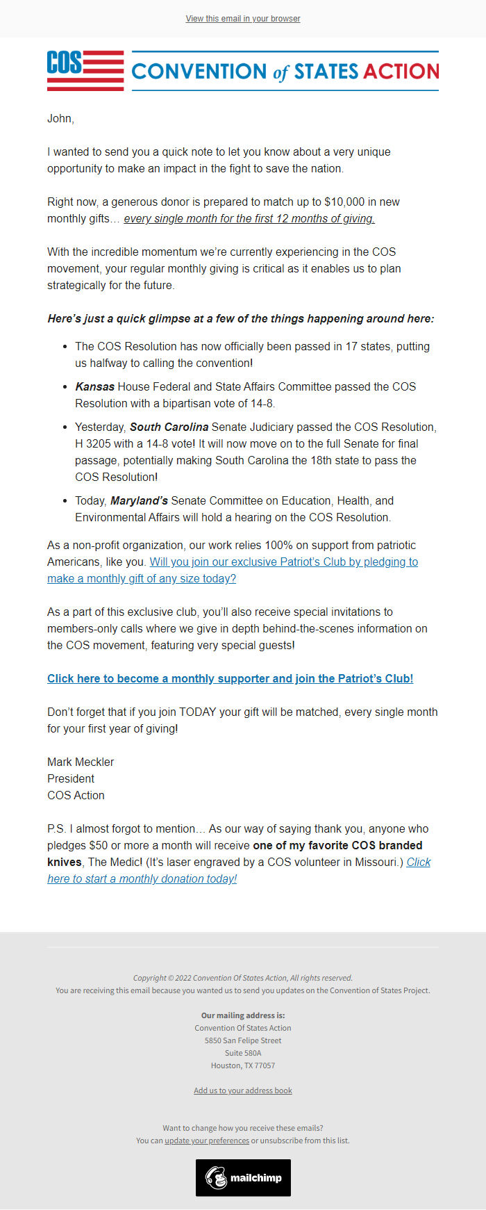 Screenshot of the email generated on import