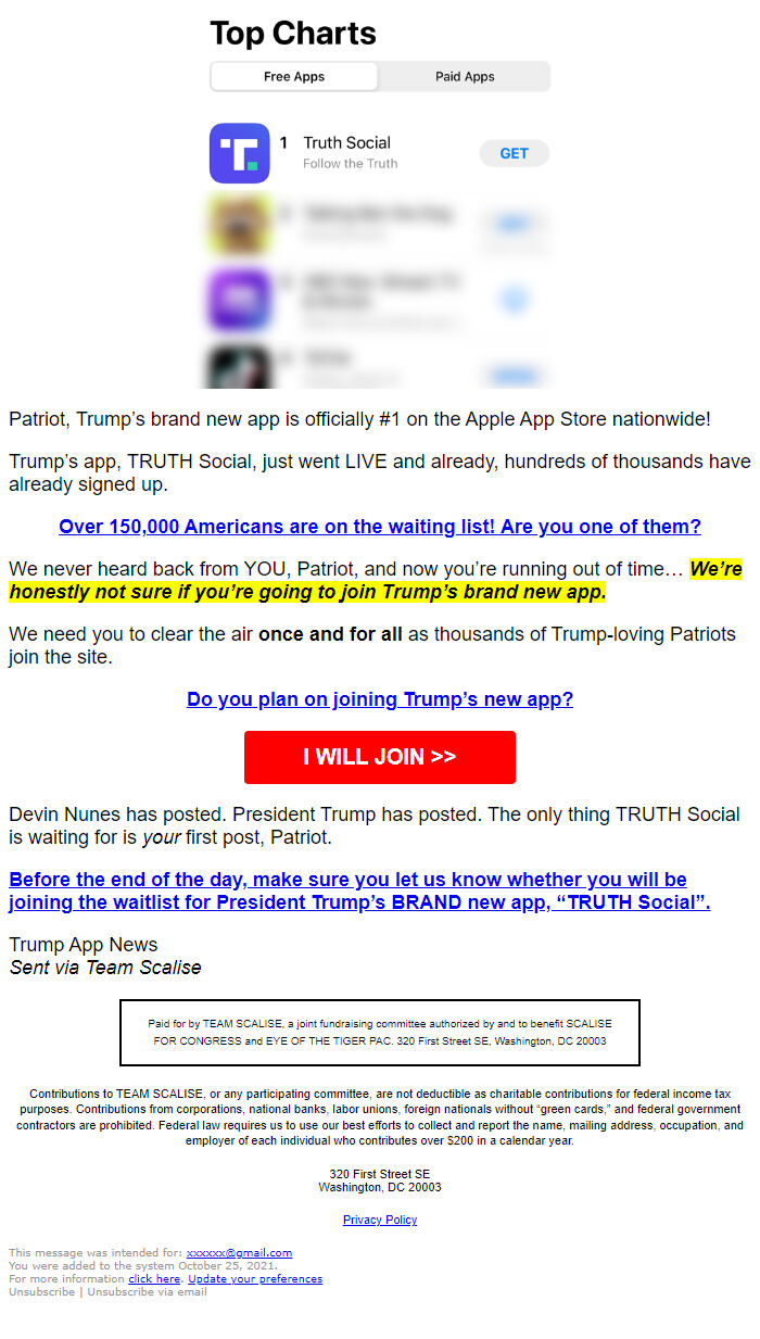 Screenshot of the email generated on import