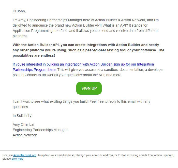 Screenshot of the email generated on import