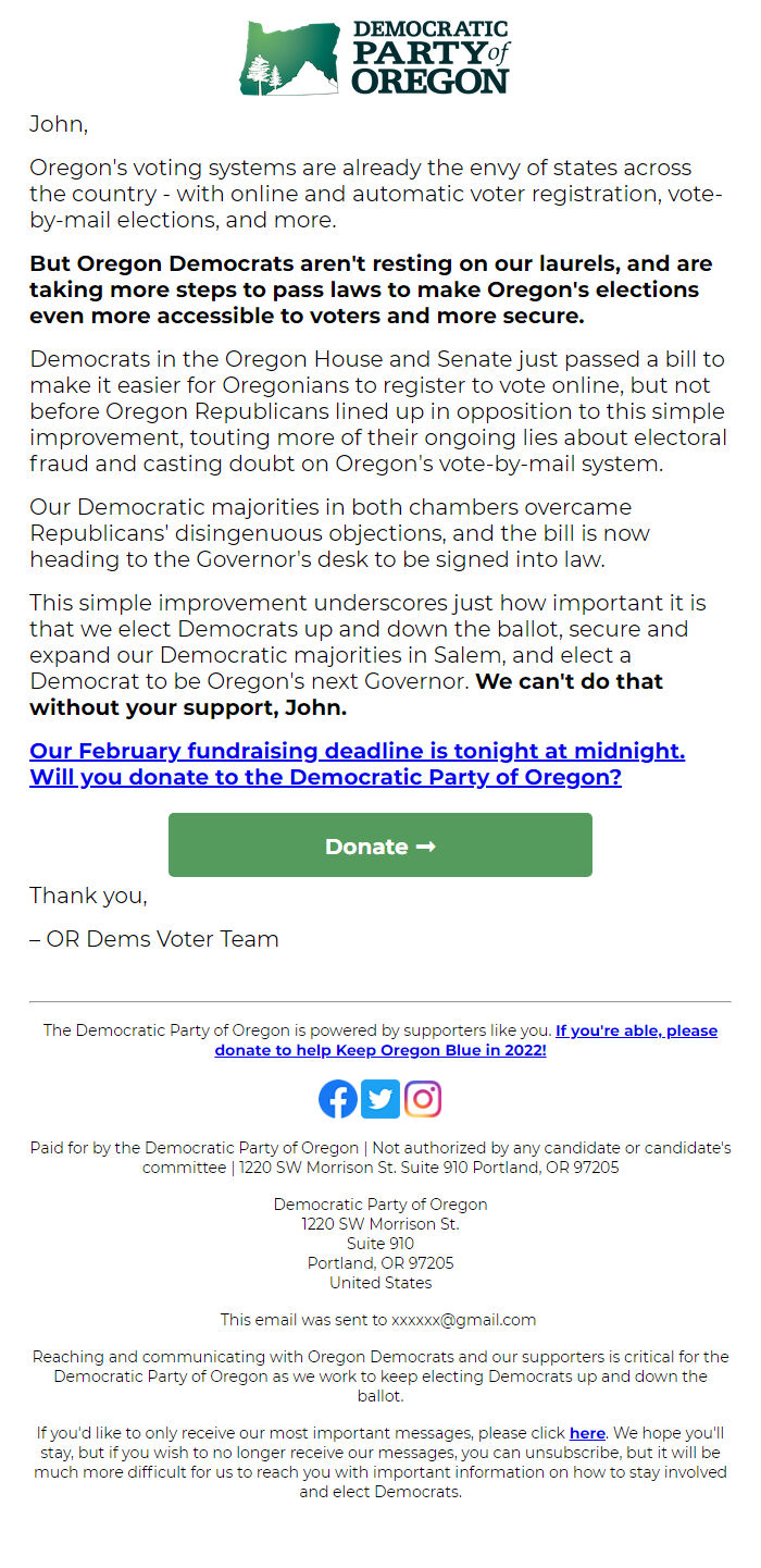 Screenshot of the email generated on import
