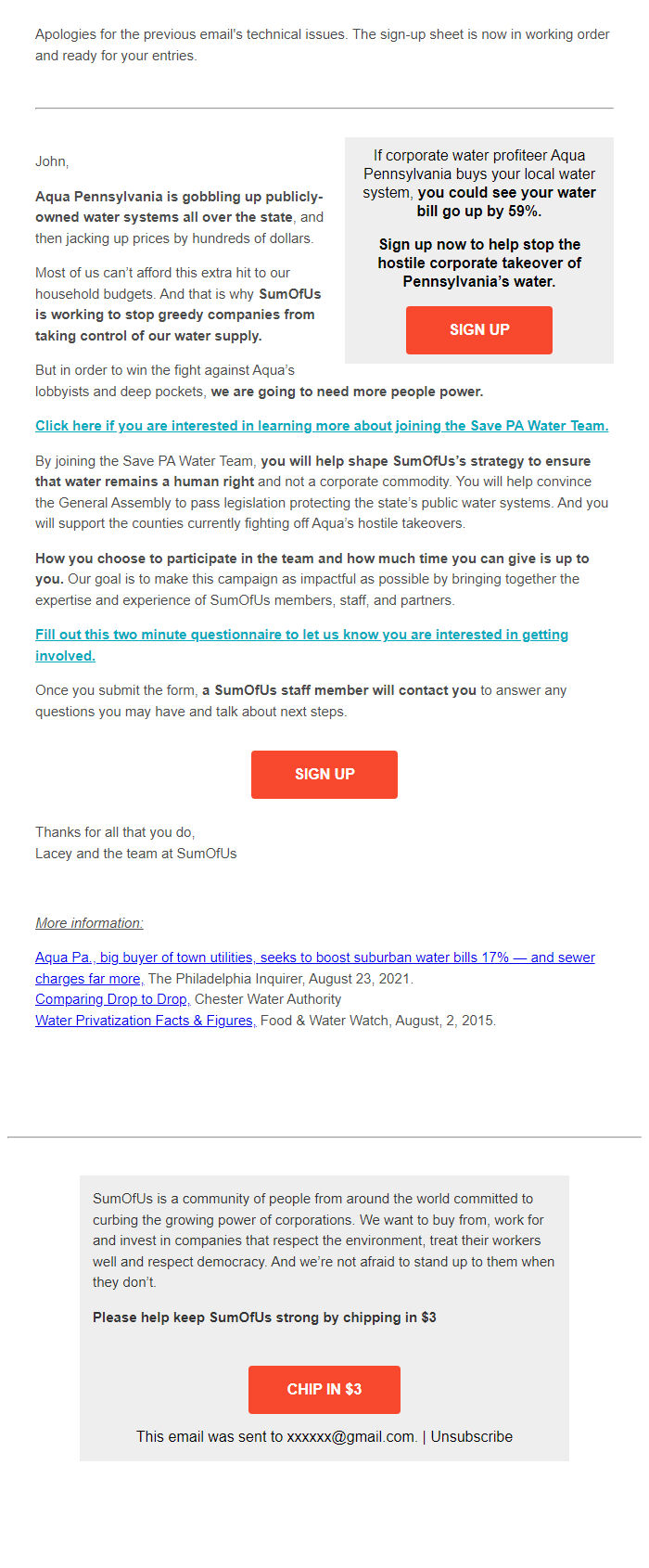 Screenshot of the email generated on import