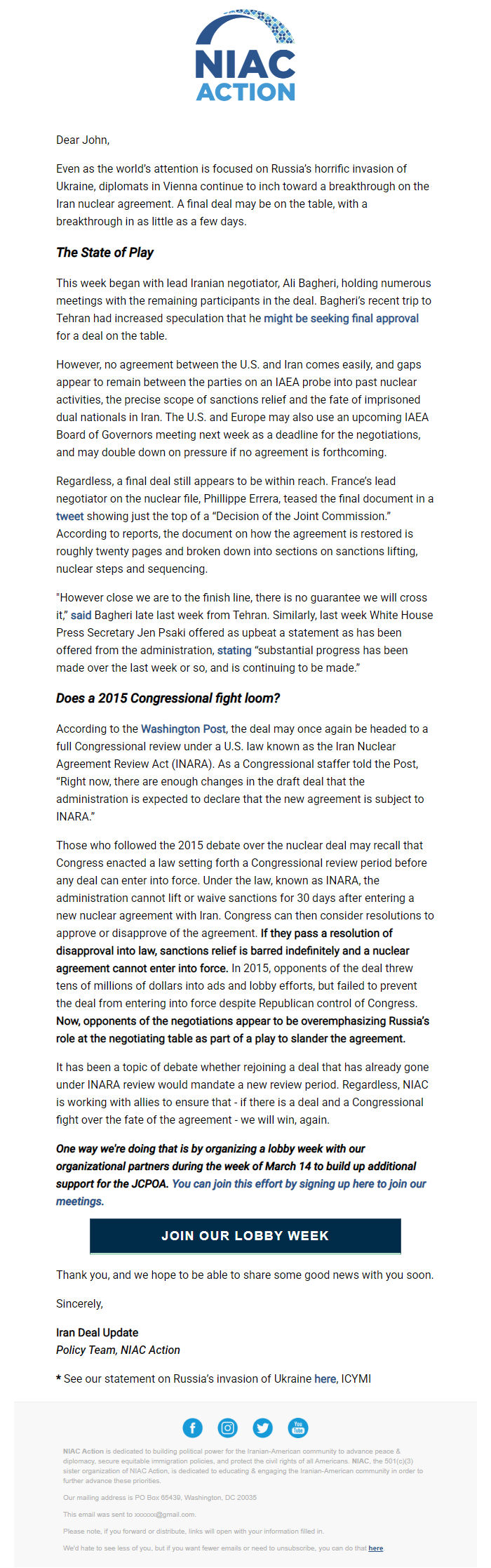 Screenshot of the email generated on import