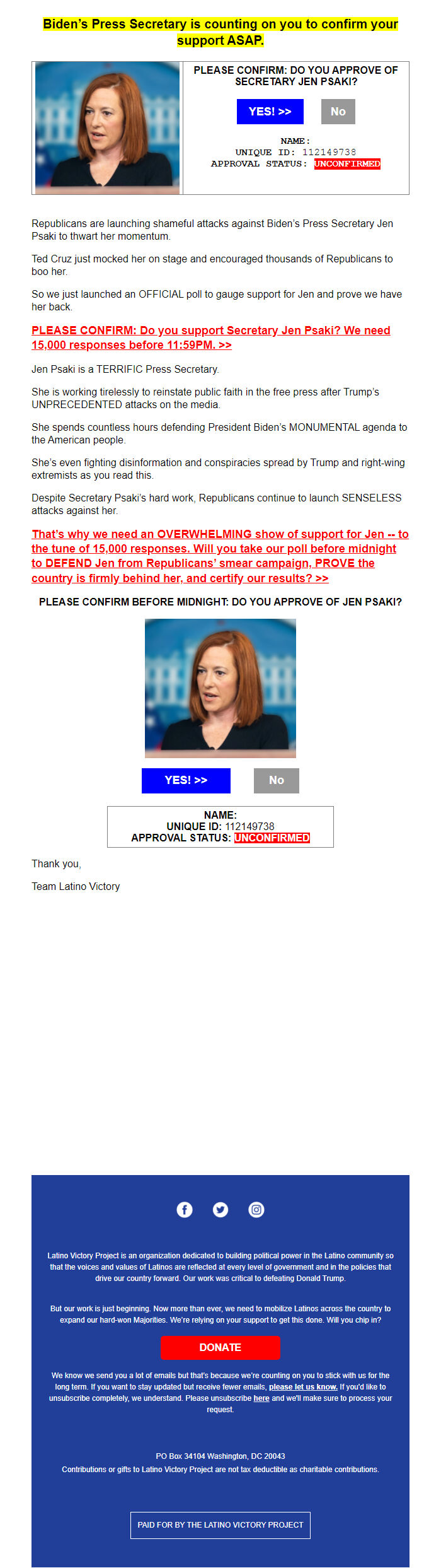 Screenshot of the email generated on import