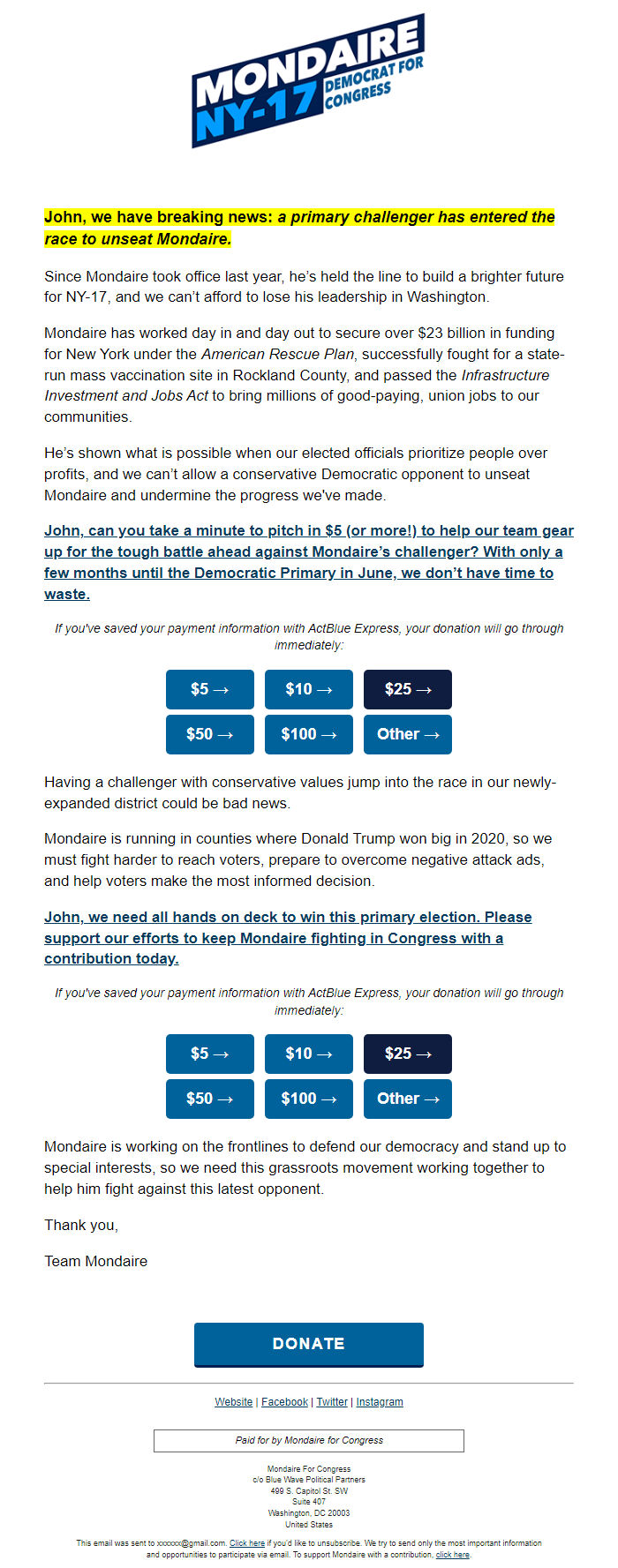 Screenshot of the email generated on import