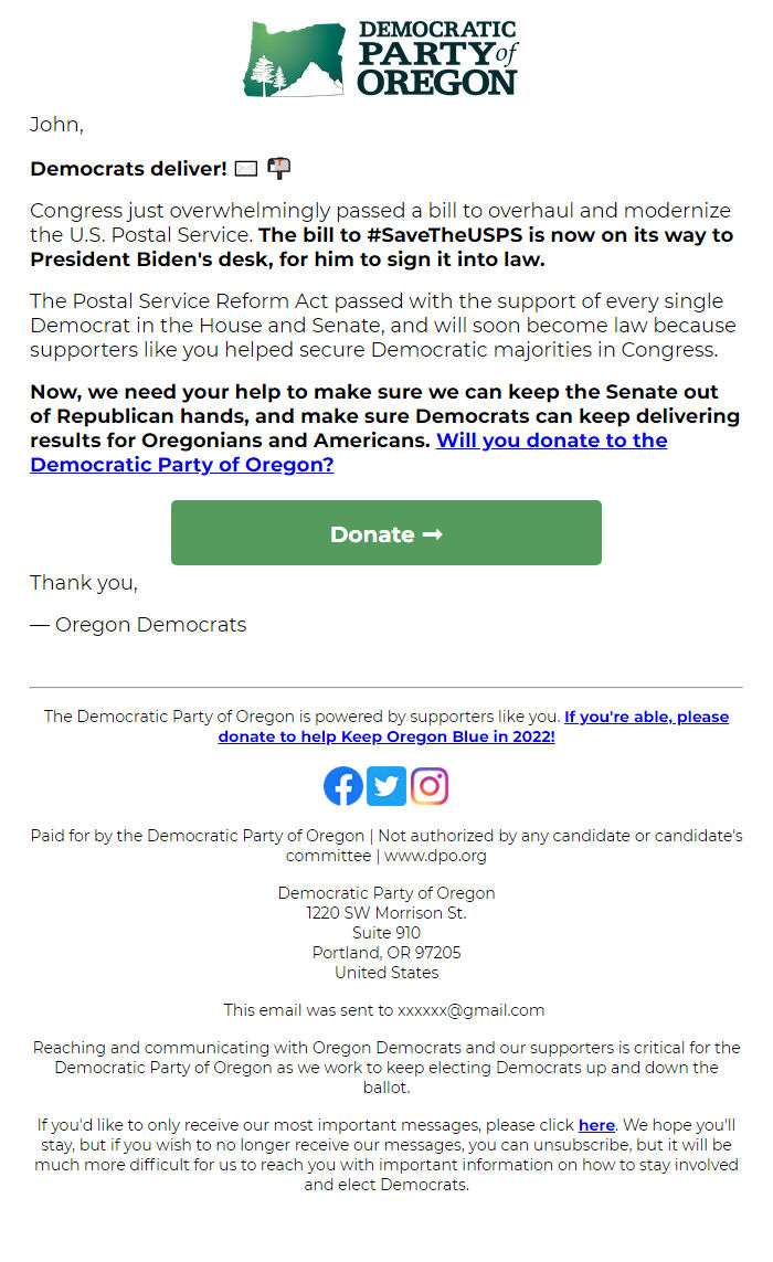 Screenshot of the email generated on import