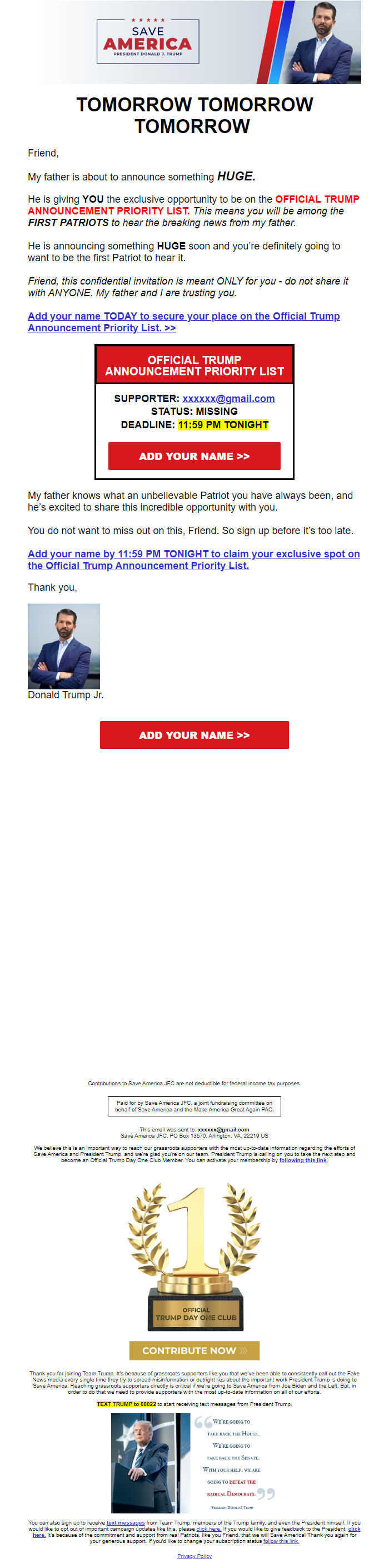 Screenshot of the email generated on import