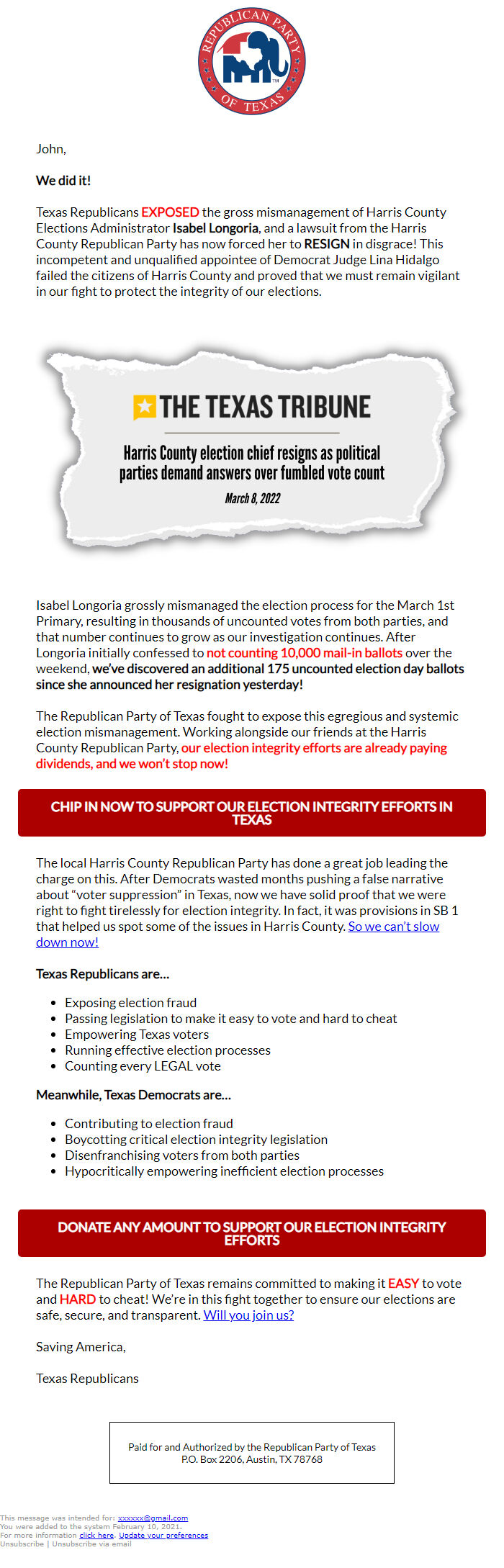 Screenshot of the email generated on import