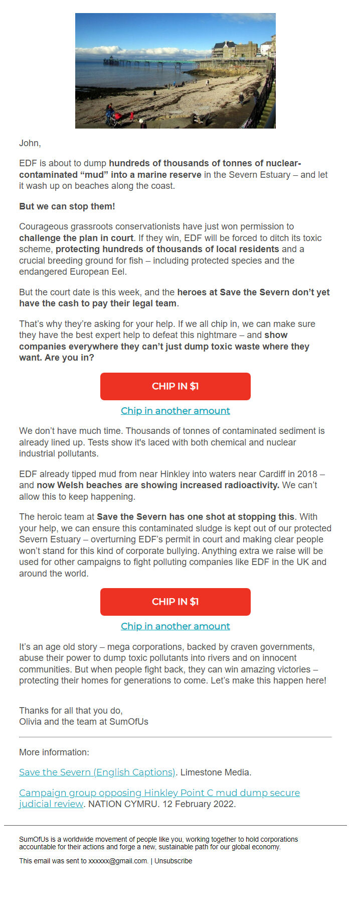 Screenshot of the email generated on import