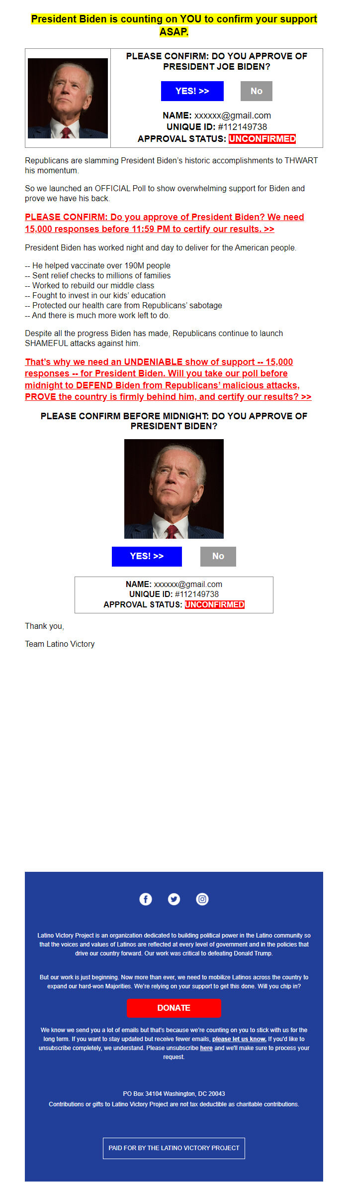 Screenshot of the email generated on import