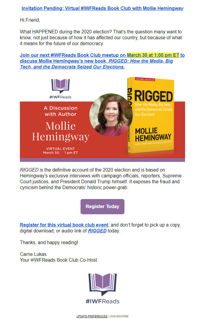 Screenshot of the email generated on import
