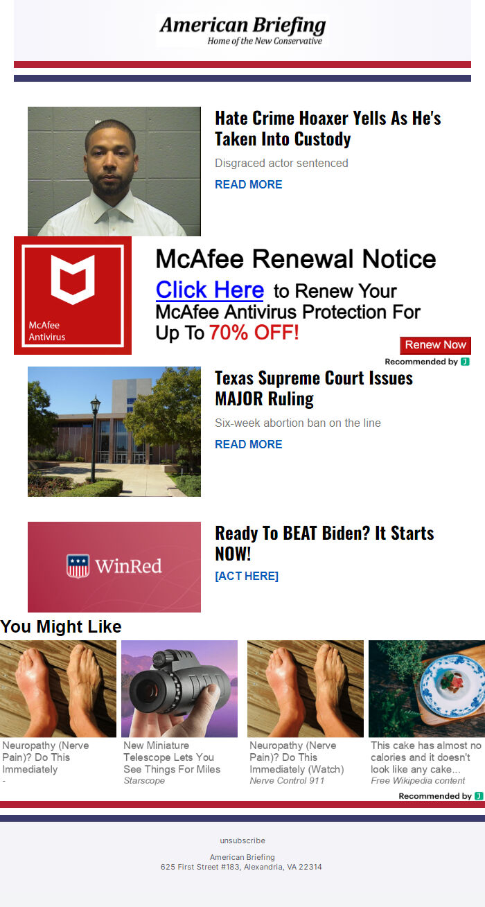 Screenshot of the email generated on import
