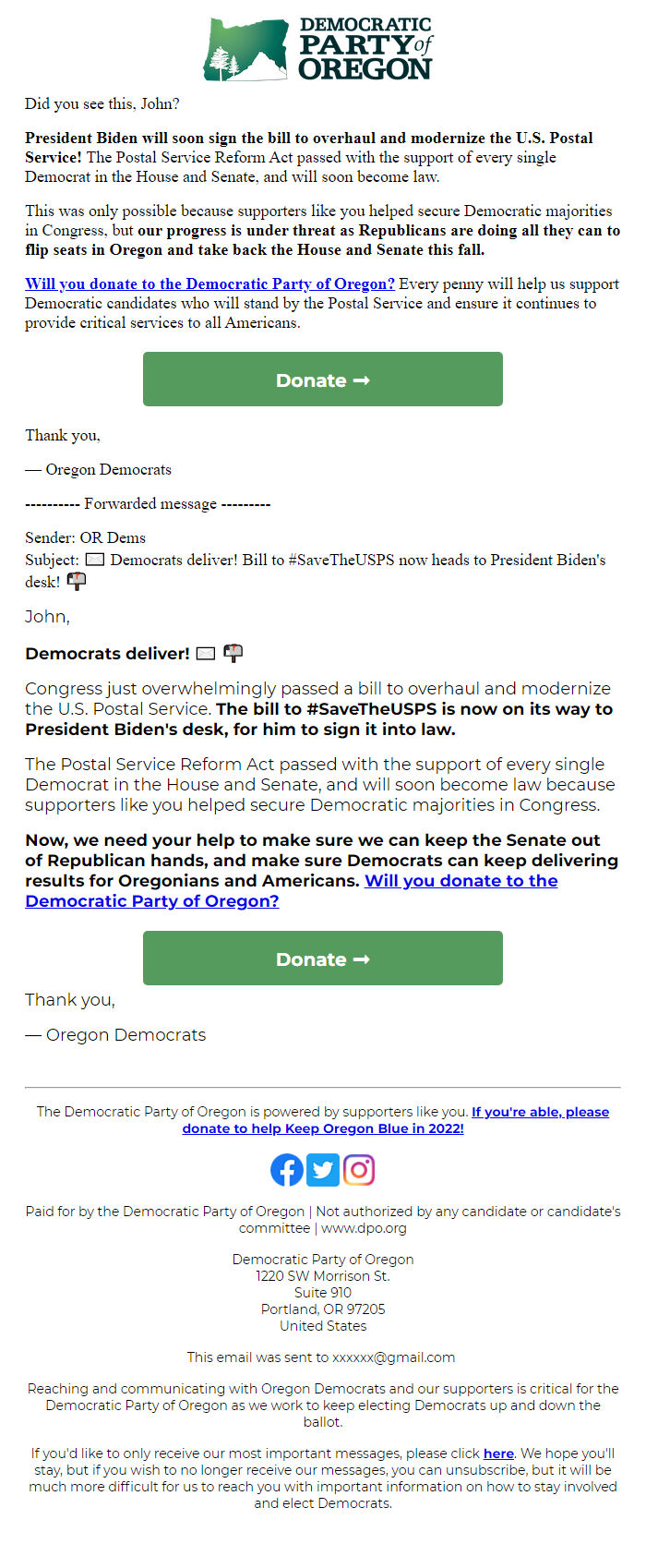 Screenshot of the email generated on import