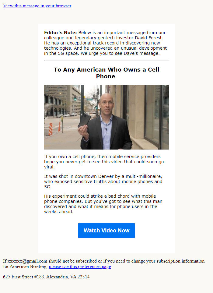 Screenshot of the email generated on import