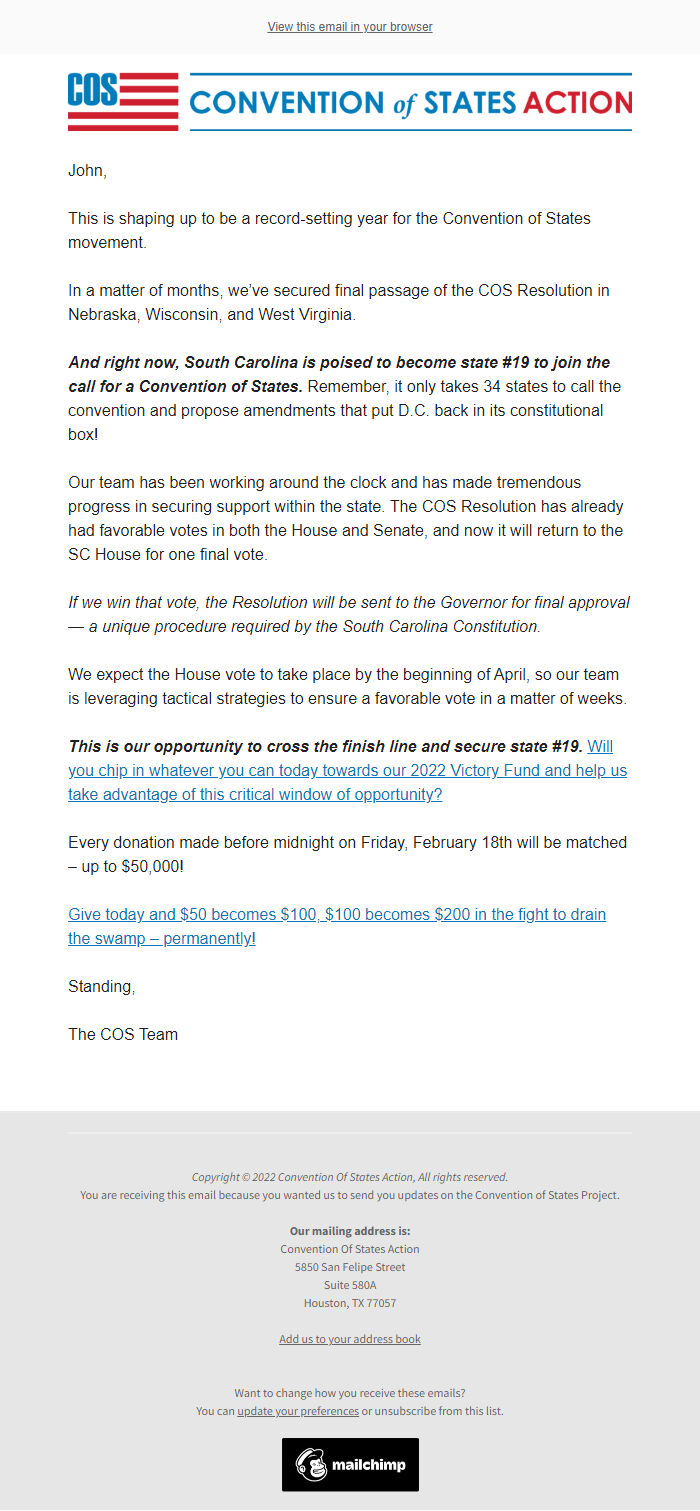 Screenshot of the email generated on import