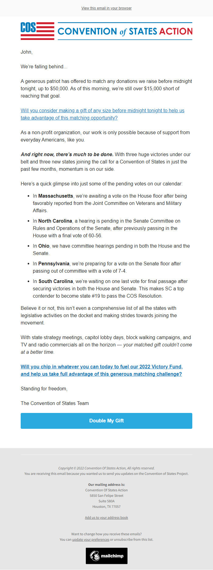 Screenshot of the email generated on import