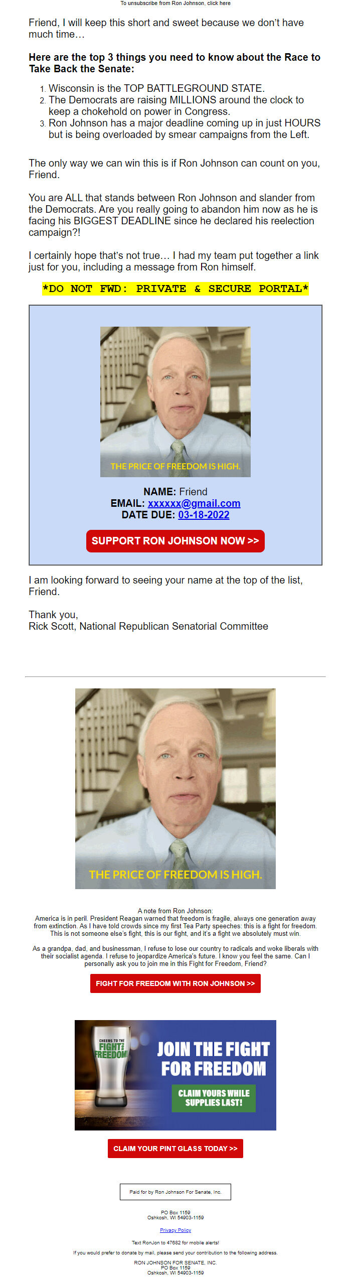 Screenshot of the email generated on import