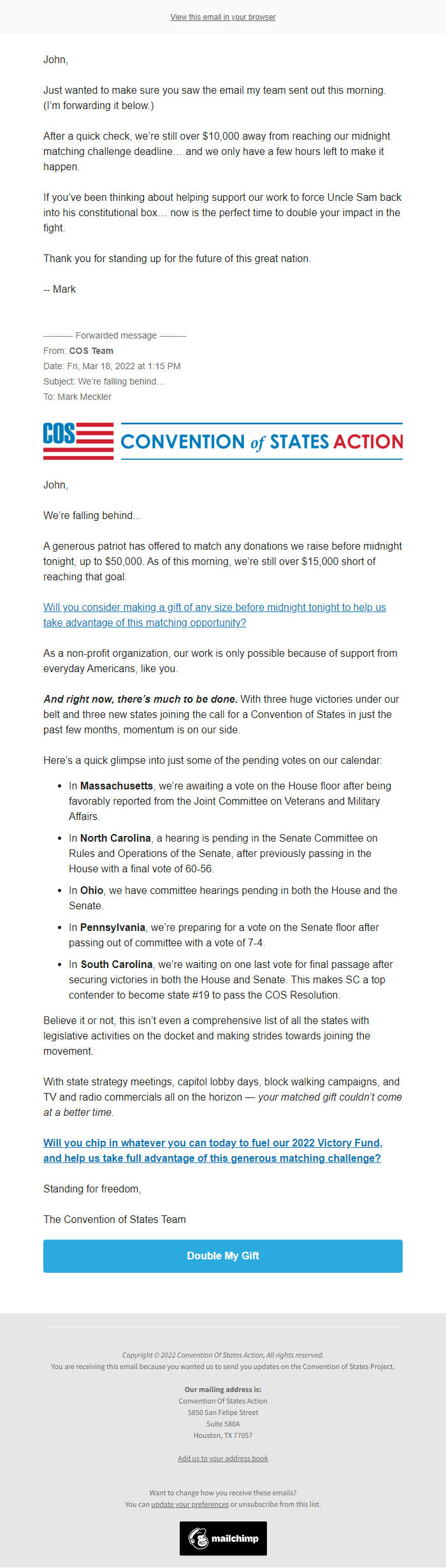 Screenshot of the email generated on import