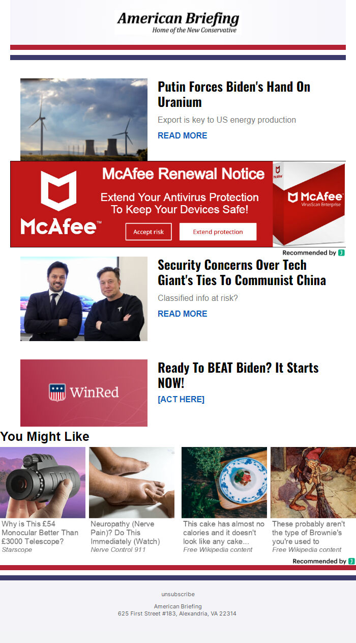 Screenshot of the email generated on import