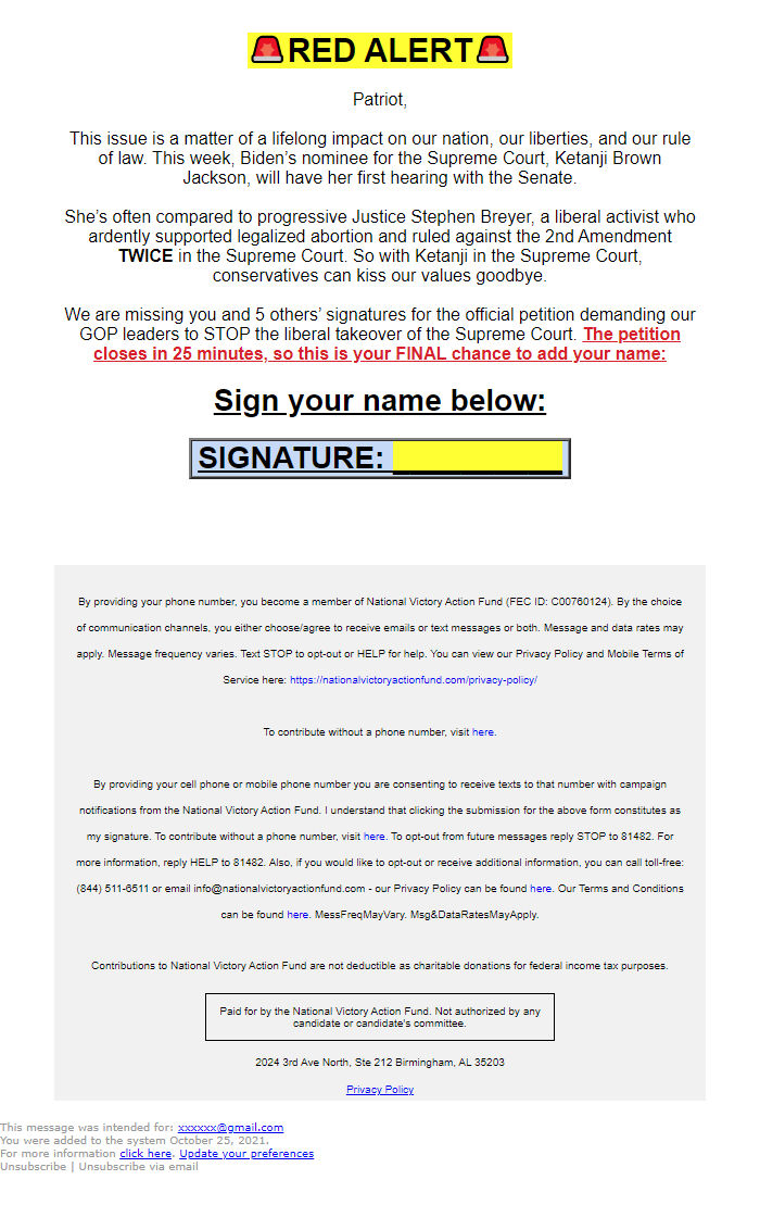 Screenshot of the email generated on import