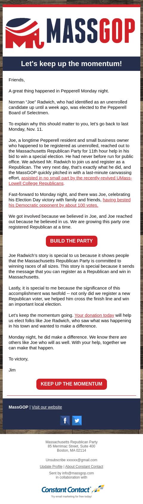 Screenshot of the email generated on import