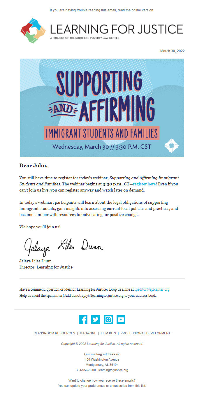 Screenshot of the email generated on import