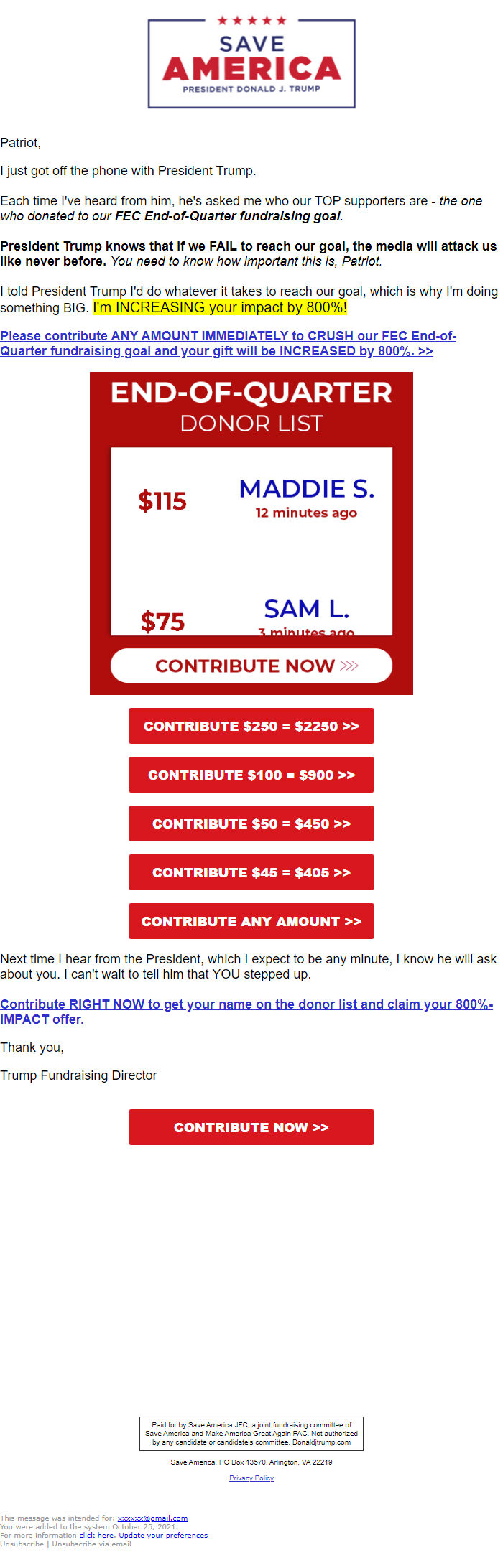 Screenshot of the email generated on import